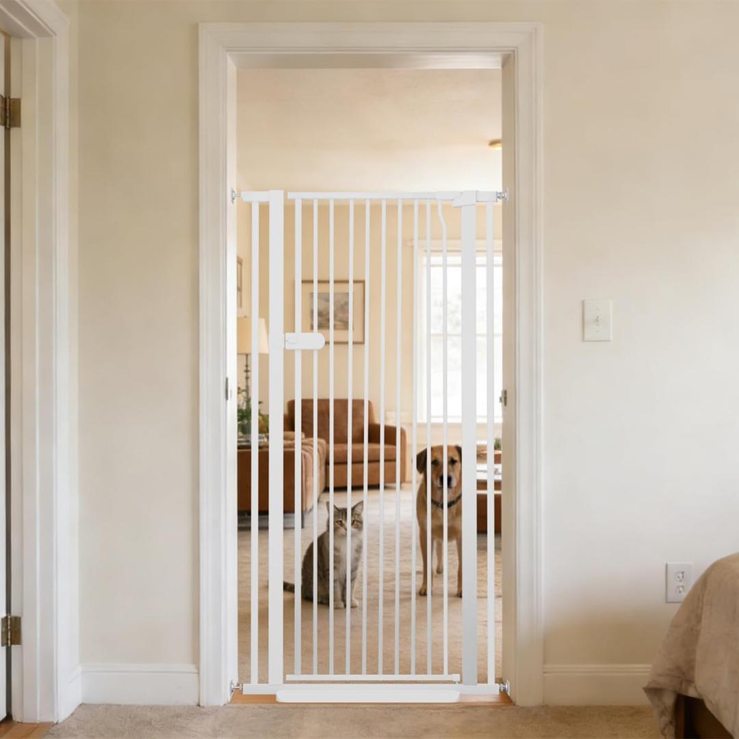 Lumizone Extra Tall Cat Gate 55.12" High Pressure Mounted 29.92"-34.24" Extra Wide 1.37" Gap No Drilling Auto-Close One-Handed Operation Tall Pet Gate for Dogs(White, 55.12" H x 29.92"-34.24" W)