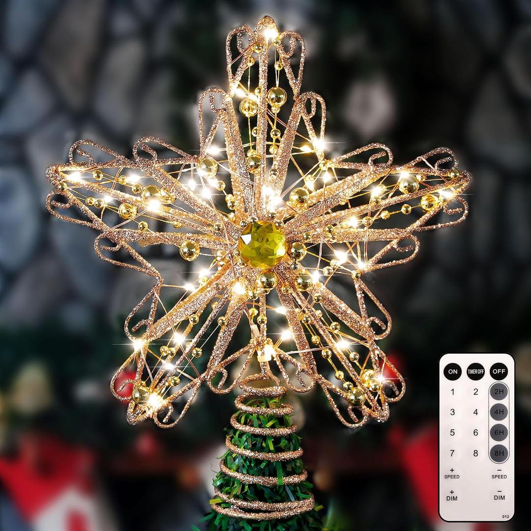 Verdenu Christmas Tree Topper with Diamond, 40 LED Star Tree Topper, Glitter Metal Christmas Tree Topper Lighted, LED Ornament Tree Topper for Christmas Decorations, Home or Holiday Decor, Rose Gold