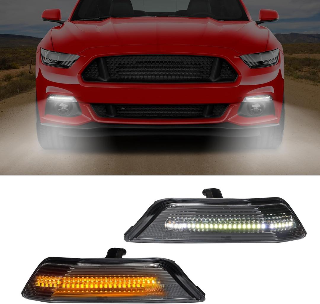LED DRL Front Bumper Turn Signal Light Compatible With Ford Mustang 2015 2016 2017, Transparent Lens White Turn Water Light/Amber Sequential Turn Signal Light, 2PCS
