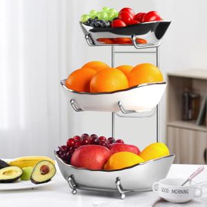LIJINGCHEN 3 Tier Fruit Bowl for Kitchen Counter, Modern Ceramic Fruit Stand for Countertop, Home Fruit Rack with Holder, Vegetable Bowl Snacks Nuts Bread Candy Storage (Sliver)