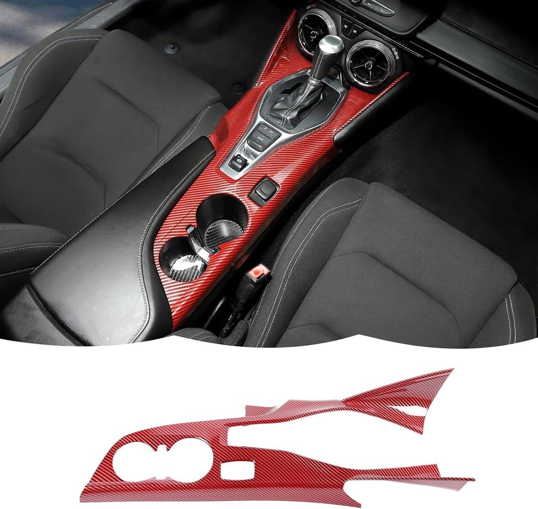 RT-TCZ Center Console Gear Shift Panel Trim Cover Cup Holder Frame Interior Decoration Kit Accessories for Chevrolet Camaro 2016-2022,Red Carbon Fiber