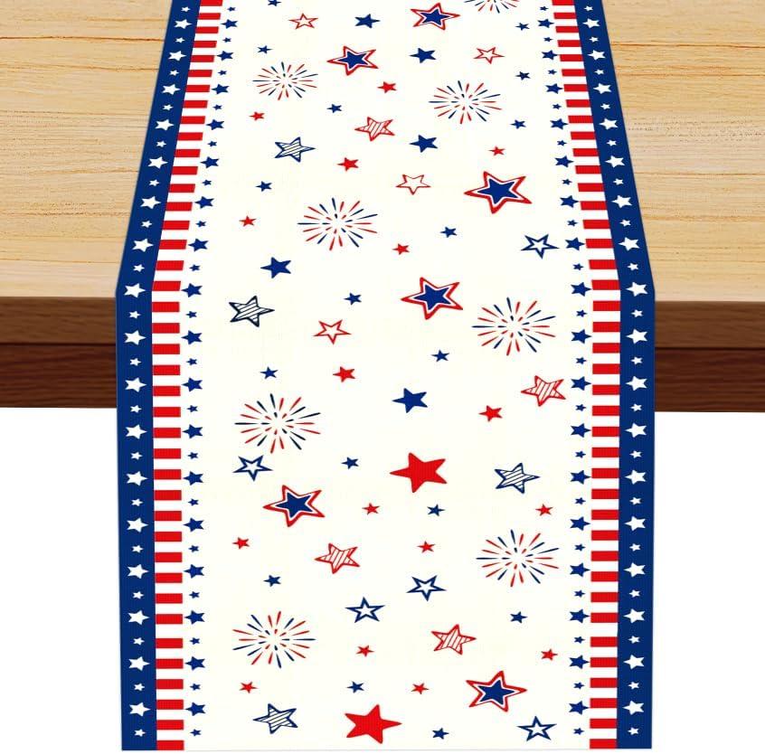4th of July Table Runner, Patriotic Table Runner, 4th of July Table Decorations, Red White and Blue American Star Table Cover Memorial Day Runners for Indoor Outdoor Home Party Decoration (13" x 72")