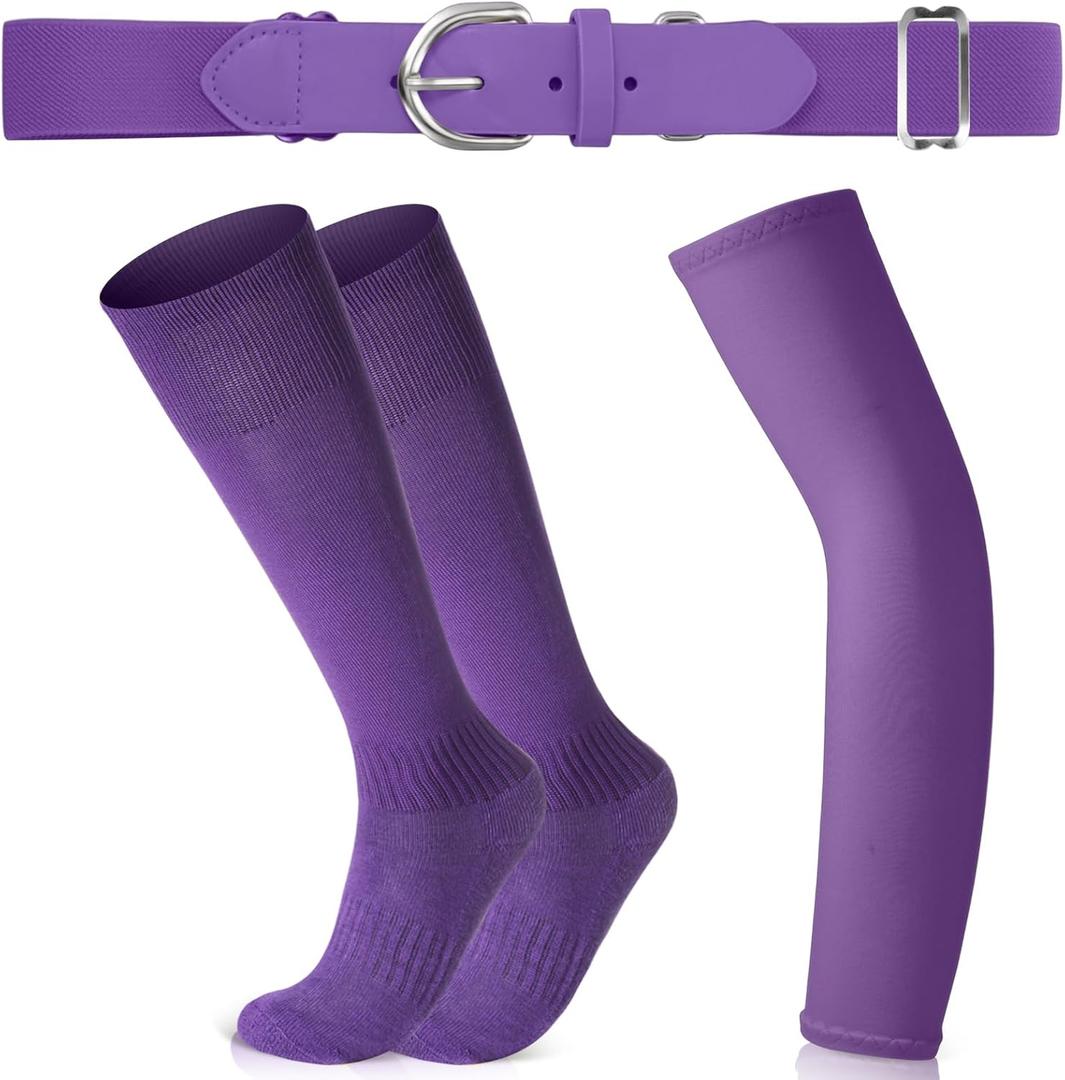 Tradder 1 Pair of Youth Softball Baseball Socks Baseball Belt and Arm Sleeve Combo for Men Boy Girl Football Sports Gift Set(Purple) (Purple)
