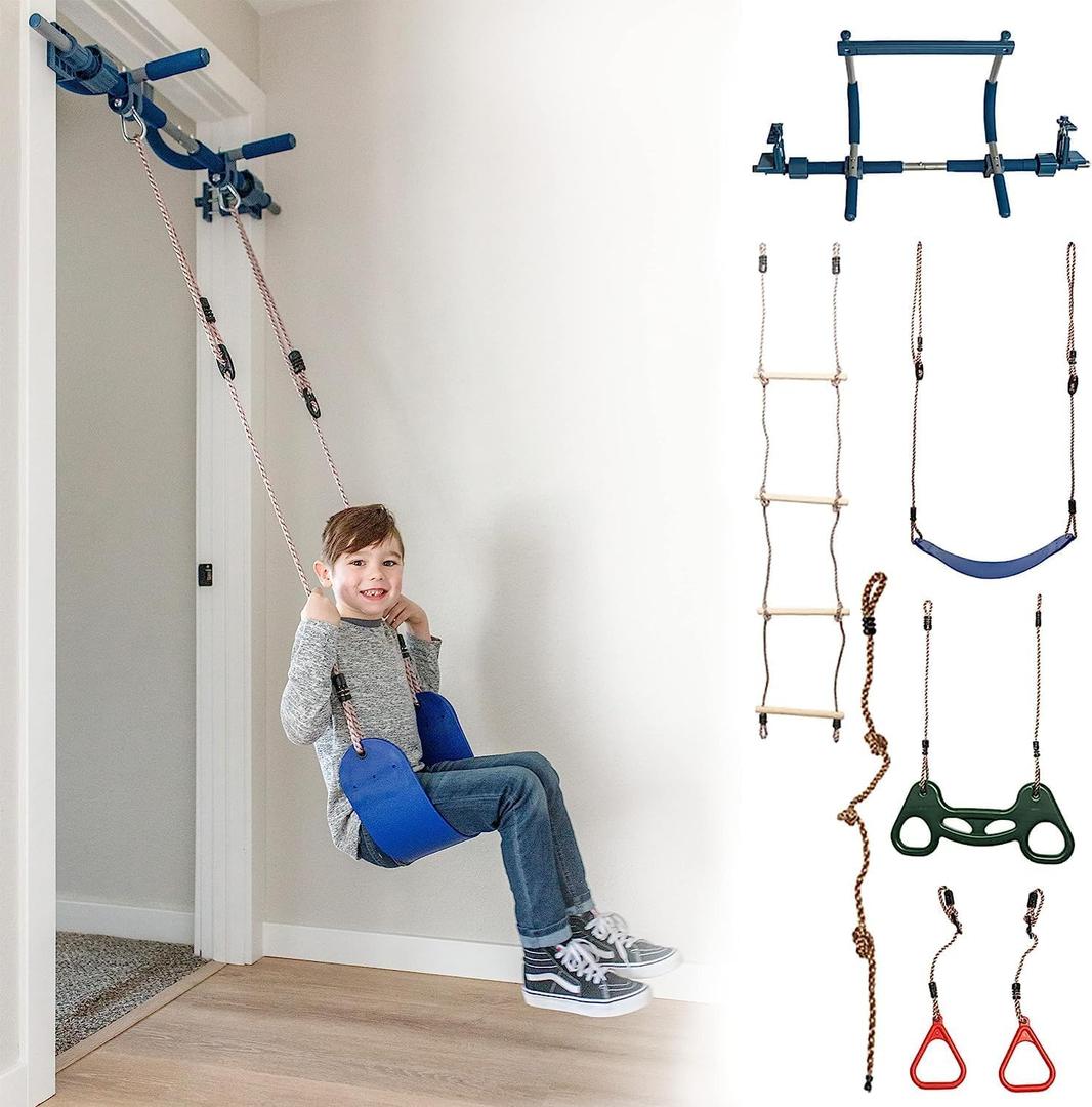 Gym1 6-Piece Doorway Gym for Kids - Includes Door Sensory Swing Indoor Pull-Up Bar for Adults, Rings, Hanging Trapeze, Ladder & Knotted Rope, Holds Up to 300 Lbs - Pull Up Bar for Doorway (Blue)