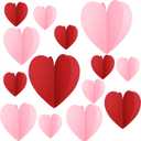 Colarr 24 Pcs Large 3D Heart Shape Garland 9.8 x 9.8 inch 3D Jumbo Heart Shape Hanging Paper for Wedding Anniversary Birthday Indoor Party Supplies(Red Pink)