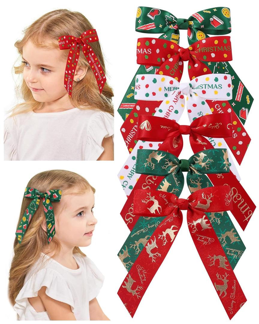 3 x doboi 6 Pcs Christmas Hair Bows for Girls - 4.3 Inches Handmade Toddler Bows With Alligator Clips - Glitter Hair Accessories for Baby Girls Teens Kids