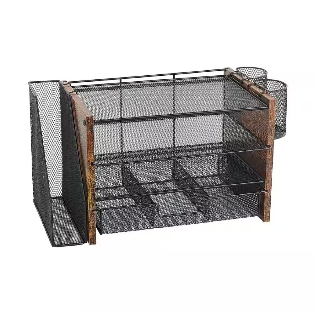 4-Tier Browns Wood Office Desk Storage with Drawer and 2 Pen Holders