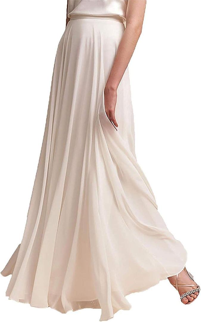 Long Maxi Floor Lengh Chiffon Skirt Elastic High Waist Bridesmaid Skirt (X-Large-XX-Large, Light Ivory)