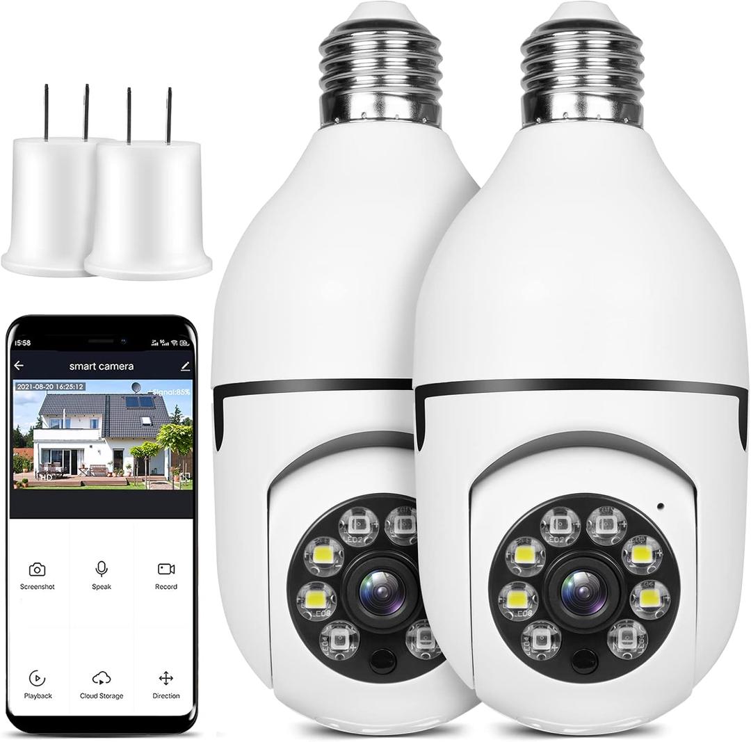 Light Bulb Security Camera Wireless Outdoor Indoor 2.4G WiFi Security Cameras for Home Security 360 PTZ Camera Motion Detection and Alarm Two-Way Audio Based E27 Light Bulb Socket