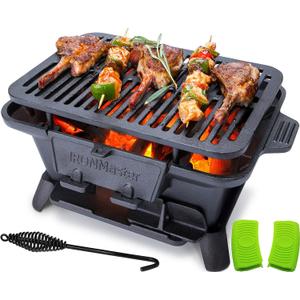 IronMaster Hibachi Grill Outdoor, Small Portable Charcoal Grill, Pre-Seasoned Cast Iron, Japanese Yakitori Camping Grill - 2 Heights, Air Control, Coal Door, Ideal for 2 People