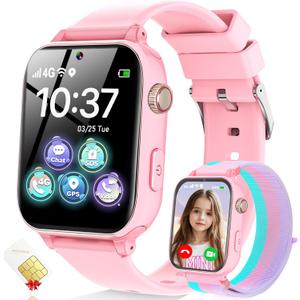MOKAST 4G Kids Smart Watch for Boys Girls, Kid Watch Phone Ages 4-12 with Call, GPS, SOS, Video Call, Games, Camera, Alarm, Touchscreen Smartwatch for Children Birthday Gift (Includes SIM Card), Pink