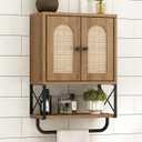 RUSTOWN Rattan Bathroom Wall Cabinet, Boho Over The Toilet Storage Cabinet with Arched Rattan Doors, Modern Medicine Cabinet with Adjustable Shelves & Towel Bar, Bathroom Organizer(Rustic Oak, Small)