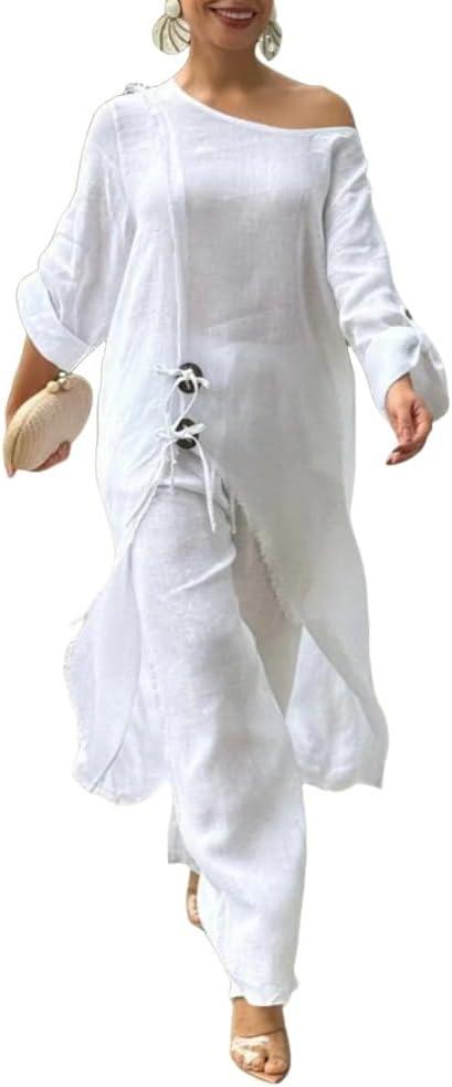 CHICME Women 2 Piece Outfits Cold Shoulder Long Sleeve Top Wide Leg Pants Linen Matching White Lounge Set Casual Vacation Outfits-XL