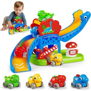 Toddler Toys Gifts for 1 2 Year Old Kids, Educational Dinosaur Slide Toy with 4 Cars for 12-18 Months Baby, First Birthday Chirstmas Gifts for Aged 1-3 Year Old, Push Car Track Toy for Boys Girls