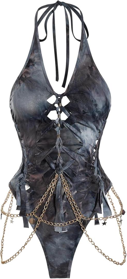 Floerns Women's Gothic Cut Out Lace Up Bodysuit Going Out Halter Neck Rave Body Suits Black Grey Multi Small