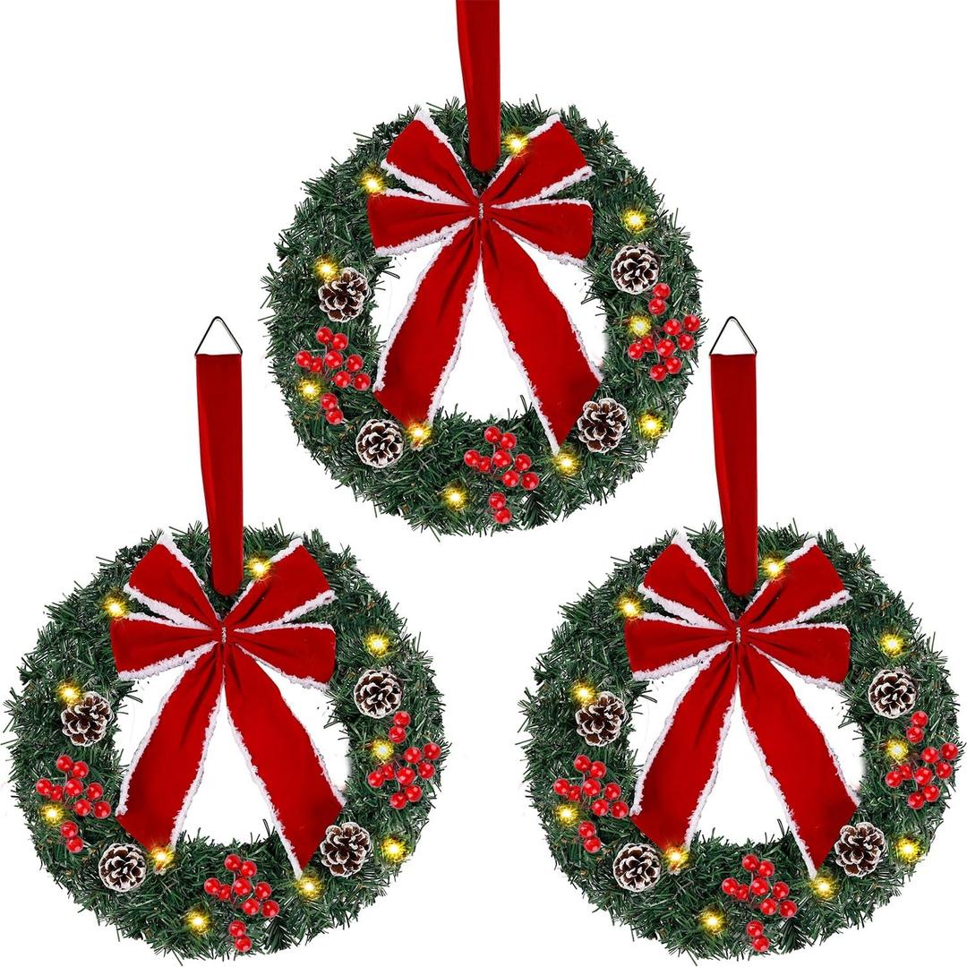 Hausse Set of 3 Christmas Wreaths, Lighted Artificial Christmas Wreath with Large Red Bow & Ornaments, Battery Operated with LED Lights, for Front Door Gate Wall Christmas Party Decorations
