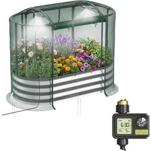 Lineware Raised Garden Bed with Sprinkler Timer and Self-Watering System, 4x2x1 ft Elevated Planter Boxes Outdoor with Mesh Cover, Galvanized Raised Beds for,Vegetables,Flowers, Backyard, Patio