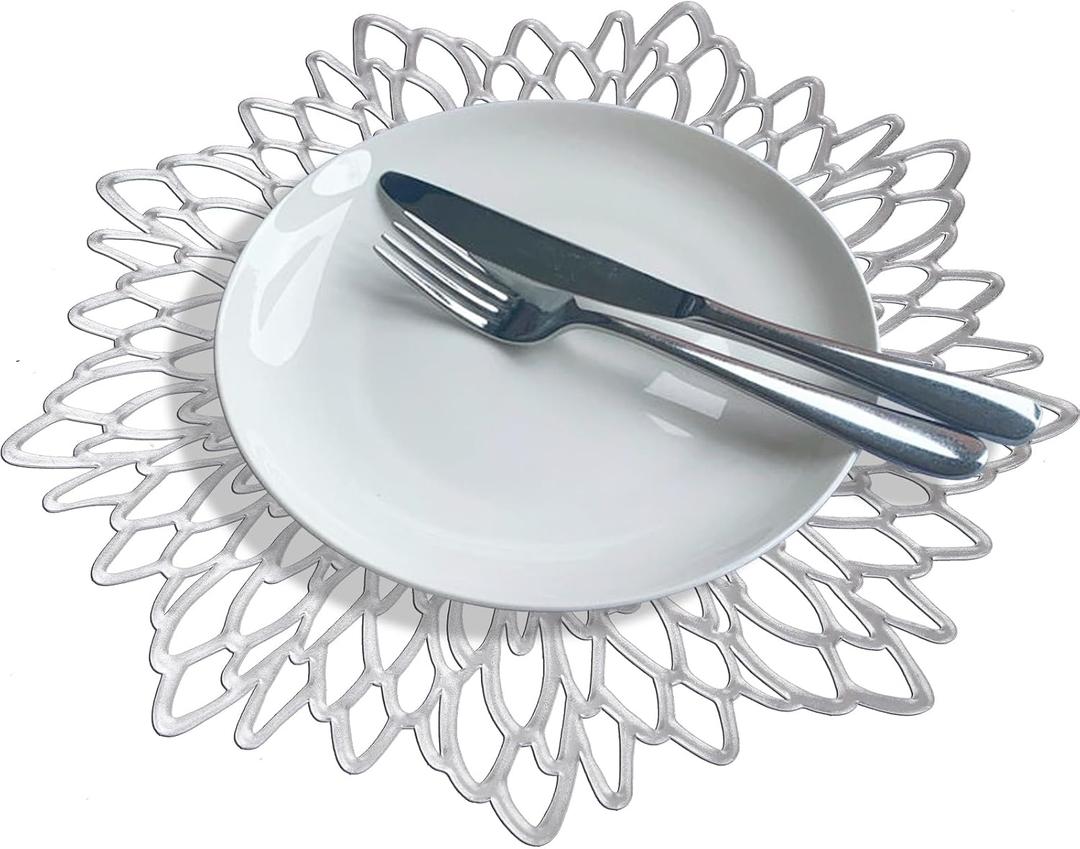 Herda 24pcs Christmas Placemats Charger Plates Silver,Round Vinyl Place Mats Set of 24,Christmas Table Mats Chargers, Silver Doily Chargers Leaf Placemats, Holiday, Wedding Table Decor