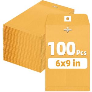 SUNEE Envelops, 6"x9" Brown Kraft Envelopes with Clasp Closure, 28-lb Paper Mailing Envelopes, 100 Count, Great for Filing, Storing or Mailing Documents