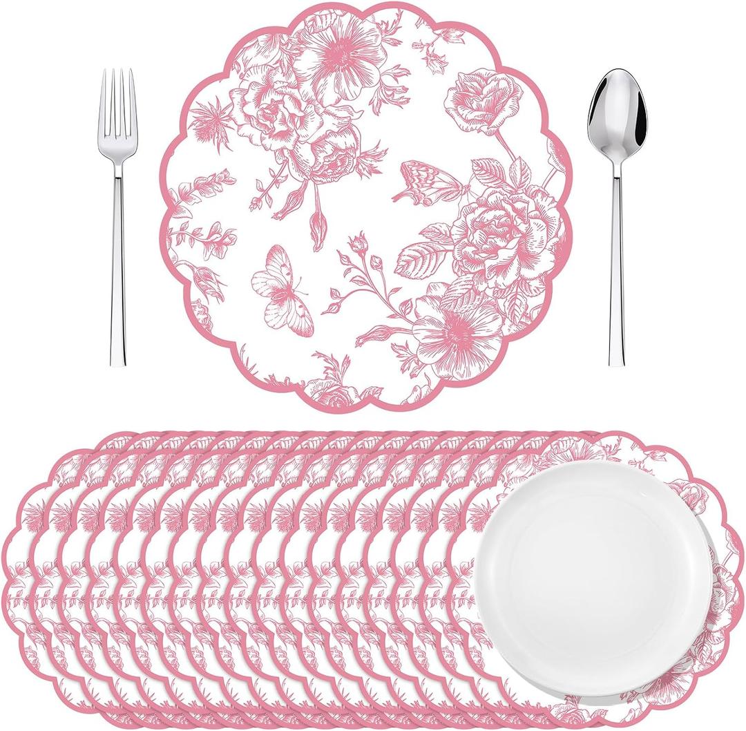 Supervitae 60 Pack Pink Floral Paper Place Mats Chinoiserie Scalloped Disposable Placemats 13.5 Inch Flower Decorative Table Mats for Dinner Table Setting Banquet Birthday Wedding Bride Party Supplies