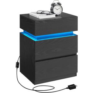 VASAGLE Nightstand with LED Lights, Adjustable Light Colors, Bedside Table, Side Table with 3 Drawers, Modern Style, 13.8 x 15.7 x 21.7 Inches, Ebony Black LET630T58, 1 Pack