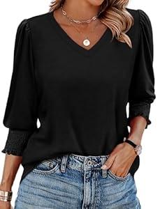Sampeel Women's 3/4 Length Sleeve V Neck T-Shirt (Medium, black)