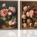 2Pcs Vintage Framed Wall Art Peony Wall Decor Pink Floral Canvas Prints Cottagecore Decor Rustic Farmhouse Pictures Artwork for Walls Living Room Bedroom Bathroom 12"x16" Ready to Hang