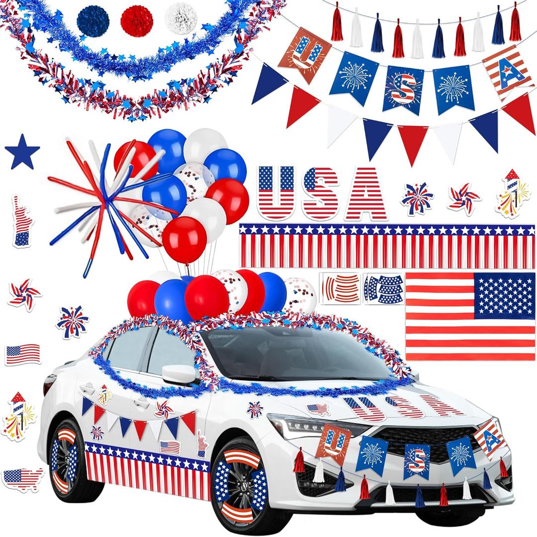 57Pcs 4th of July Parade Car Decoration Kit - Flag, Tinsel Garlands, Banners, Etc - Red White Blue Decor for Patriotic Independence Day Party Favors