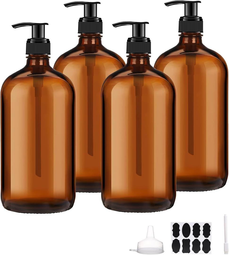 4 Pack 32 oz Amber Glass Pump Bottles, Glass Dispenser Bottles with Pump, Boston Round Bottles with Pumps for Shampoo and Conditioner, Body Shower, Lotion, Soap, Massage Oils