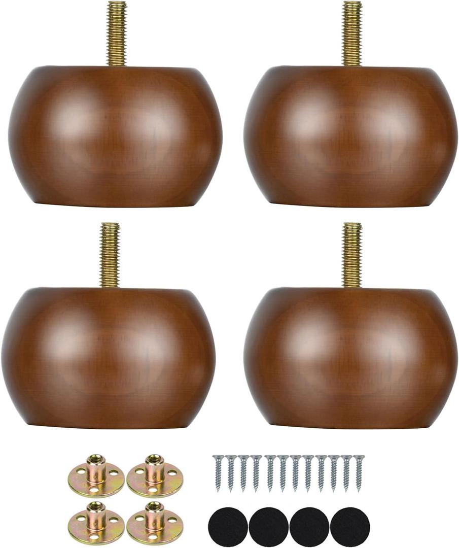 Maricome 2 Inch Bun Furniture Feet Walnut Round Solid Wooden Ottoman/Couch/Sofa Legs Set of 4 Pre-drilled M8 Bolt with Metal Brackets (Brown)