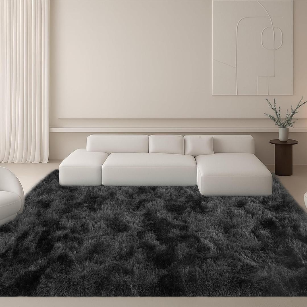 5x7 Plush Fluffy Area Rugs, Large Soft Carpet, Upgraded Non-Slip Rectangular Rug for Living Room, Bedroom, Kids Room, Dorm,Modern Home Decor Aesthetic,Dark Grey. (Black & Gray Tie-dye)