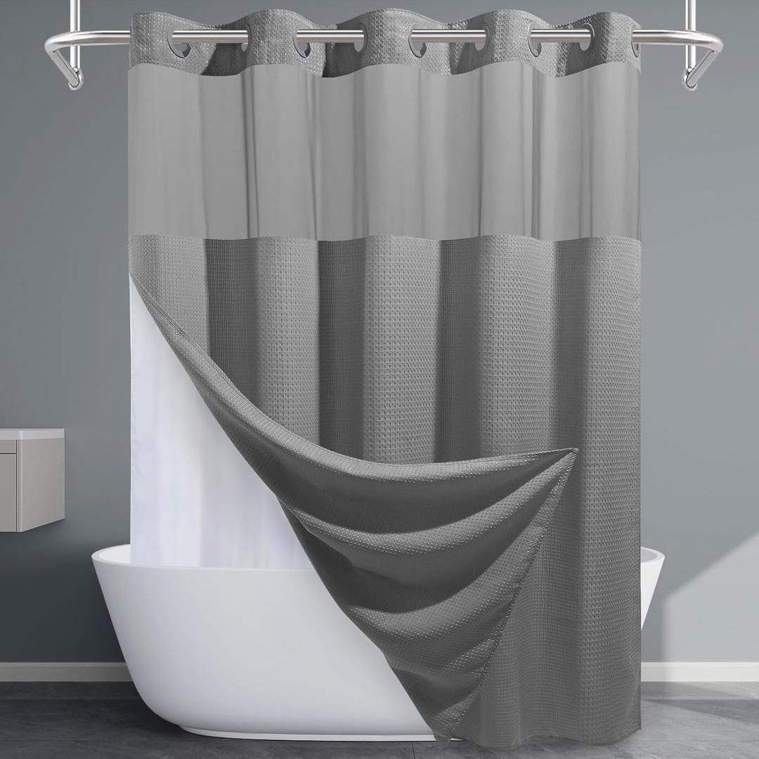 Long No Hook Shower Curtain with Snap in Liner,230GSM Waffle Weave Shower Curtains for Bathroom,71W x 80H(78"),Grey