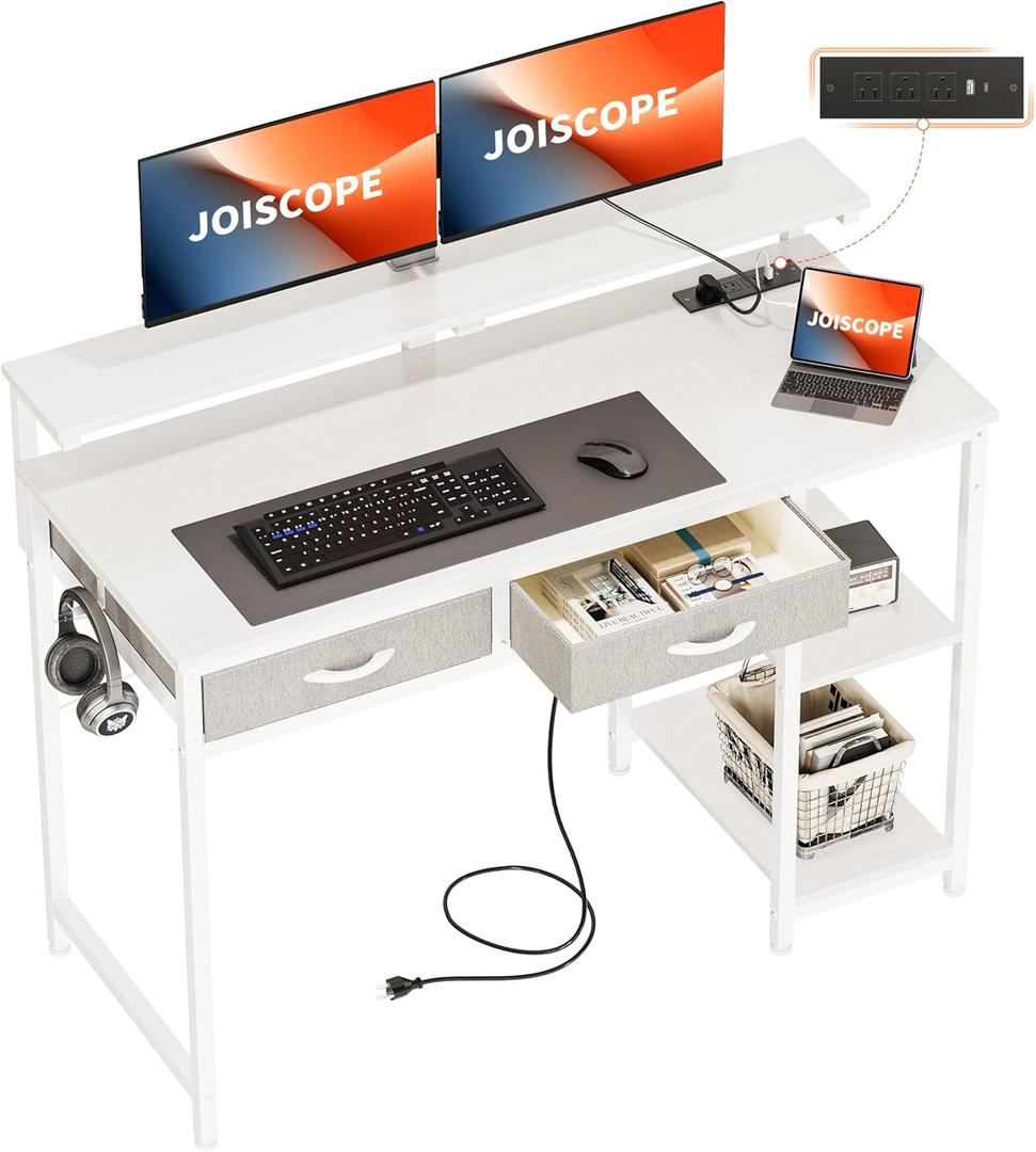 JOISCOPE Home Office Desk with Power Outlets (3AC, USB, Type-C), 48 × 20 Inch Computer Desk with 2 Drawers & Shelves, Laptop Table with Display Riser, Gaming Study Drafting Table for Bedroom, White
