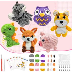VBNVBN 6Pcs Crochet Kit for Beginners Crochet Animal Kits with Step by Step Videos Tutorials DIY Amigurumi Knitting Kit Complete Starter Set with Yarn Hook Birthday Holiday Crafts Gift for Adults
