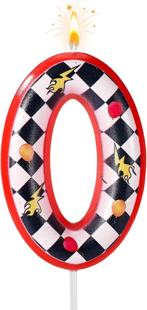 Racing Themed Birthday Candle, Premium Red Black and White Checkered Number Candle Suitable for Baby Shower Birthday Racing Themed Party Decoration (Number 0)