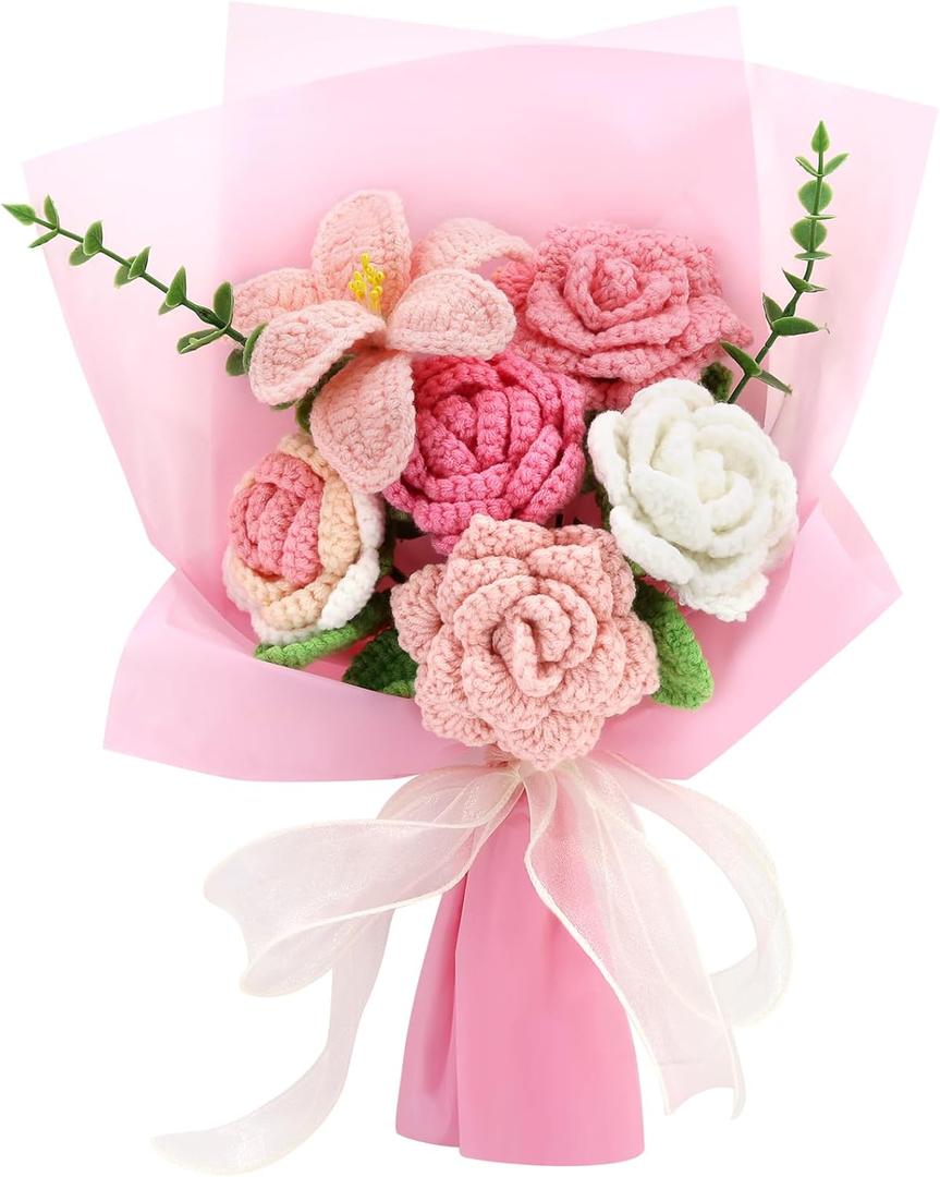 Marvogo Handmade Crochet Sunflowers Rose Daisy as a Gift for Lover, Family,Friends. Crochet Bouquet, Crocheted Yarn Flowers, Artificial Flower Finished Bouquet (Pink)