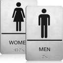 Brushed Aluminum Bathroom Signs, ADA Raised Braille Restroom & Bathroom Door Sign with Strong Self-Adhesive, Men's & Women's Restroom Signs for Business, Silver Size 9'' X 6 '' 2 Pcs