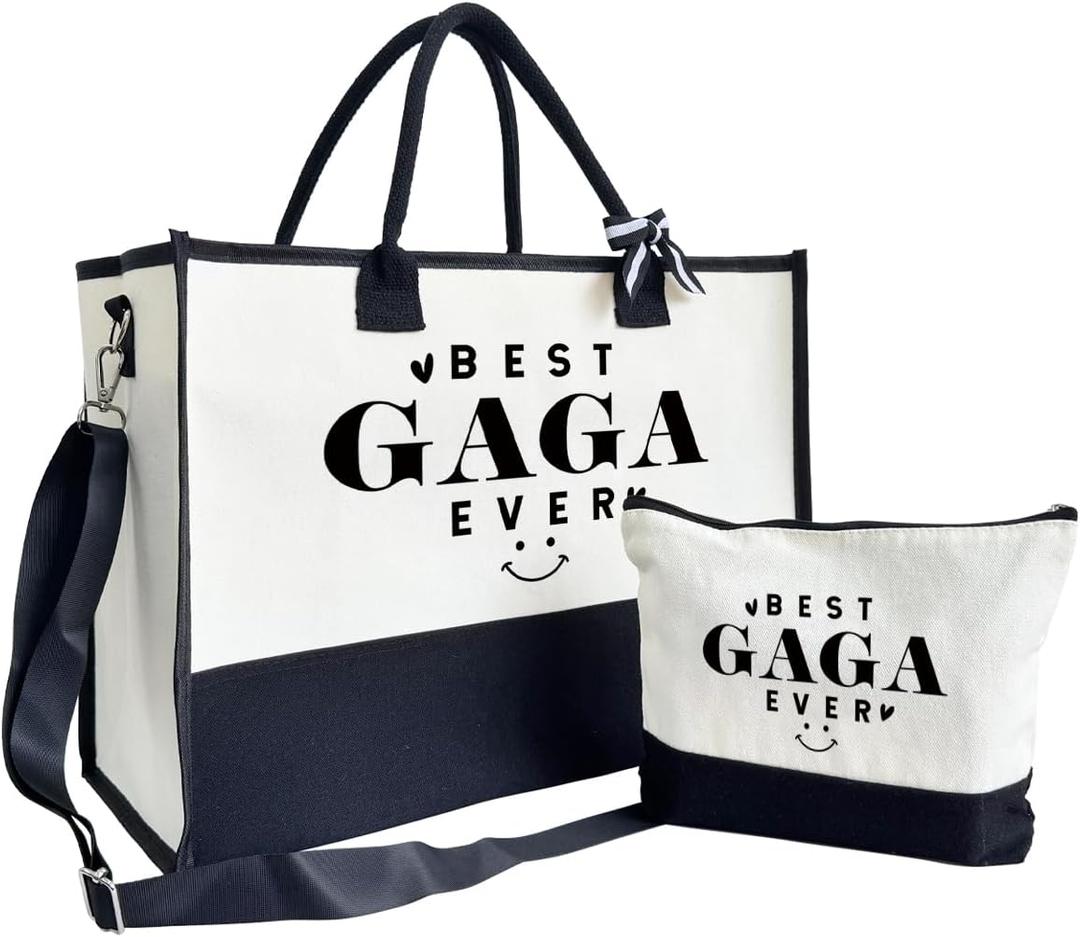 Gift for Best Gaga Ever - Canvas Beach Tote for Women With Inner Pocket & Make Up Bag - Birthday, Mother's Day, Novelty Present for Grandparents (Black)