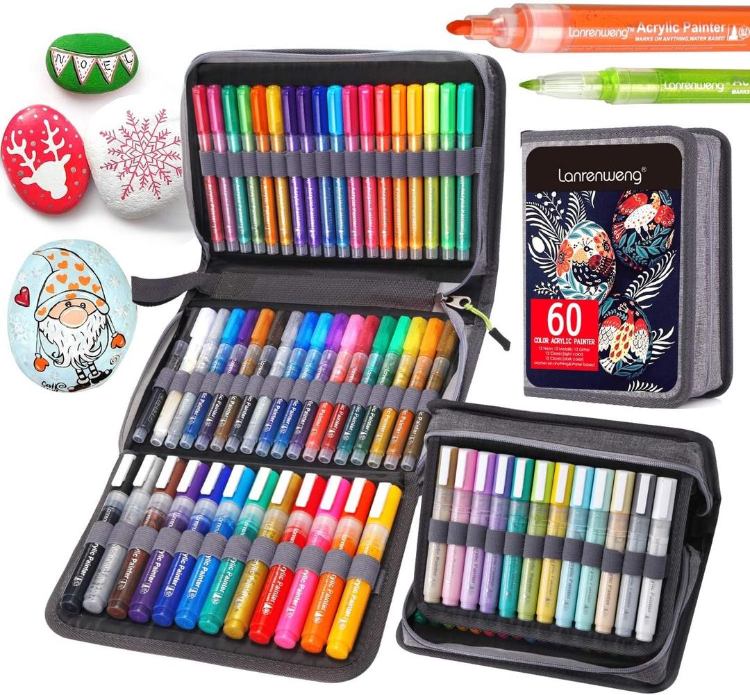 Acrylic Paint Marker Pens,60 Color Painting Markers for Halloween Pumpkin Rock Painting with Canvas Bag, Stone, Ceramic, Glass, Wood, Fabric, Canvas, Set of Paint Markers