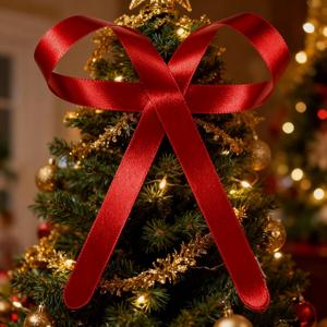 Metal Bow Tree Topper, Large Christmas Ornament with Clip, Indoor Outdoor Holiday Decoration (Red, 10x12)