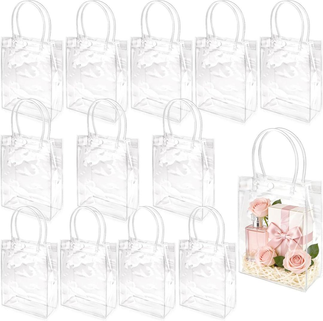 WhizToys 12PCS Clear PVC Gift Bags with Handles, 5.9x7.9x2.8In Reusable Transparent Plastic Goodie Bags, Bulk Party Favor Bags for Wedding, Birthday, Baby Shower, Christmas