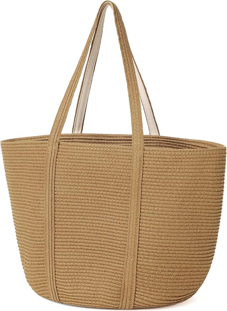 Straw Bag, Beach Bag Straw Beach Bags for Women Foldable Packable Beach Tote Lightweight Large Shoulder Handbags (Khaki)