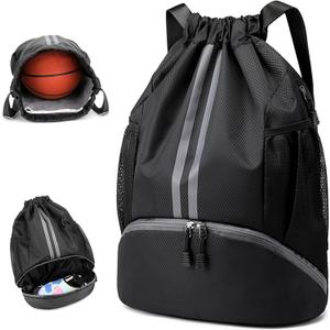 Drawstring Backpack Gymbag Water Resistant Sports Sackpack with Zipper/Shoe Compartment/Wet Pocket/Mesh Pockets Gym Sack for Women Men Lightweight String Bag for Travel Soccer Swim, Black