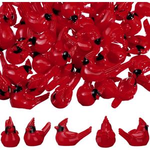 50 Pcs Christmas Mini Resin Red Cardinal Bird Figurines Tiny Cardinal Figurine Decor Small Christmas Ornaments for Gift Xmas Miniature Garden Crafts Cake Topper Decoration
