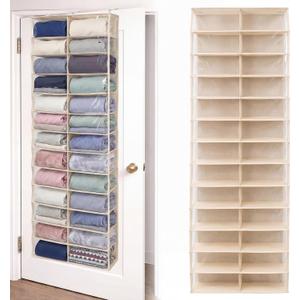 Over The Door Hoodie Organizer 26 Clear Pocket Sweatshirt Organizer with 3 Hooks Hanging Sweatshirt Hoodie Rack Holder Cabinet Behind The Doors for Dormitory Bedroom Closet Storage(Beige), 62.99 x 6.3 x 22.05 inches