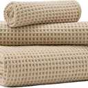 MICROFI Microfiber Waffle Bath Towels, 3 Pieces, Oversized, Soft, Absorbent, Fast Drying, Lint Free, Includes Bath, Face and Hand Towels 430 GSM Beige