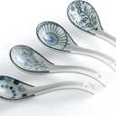 4Pcs Asian Soup Spoon,Chinese Ceramic Soup Spoons,Non-Slip Japanese Soup Spoon,Ramen Spoons with Hook for Rice Pho Miso Soup Wonton Noodle (4, Japanese Blue & White)