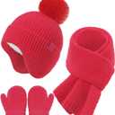 Toddler Hat and Gloves, Baby Beanie Scarf Neck Gaiter Mittens Sets for 0-6 6-12 Months 2t-4t, Kids Winter Hat with Ear Flaps (One Size, Carmine)