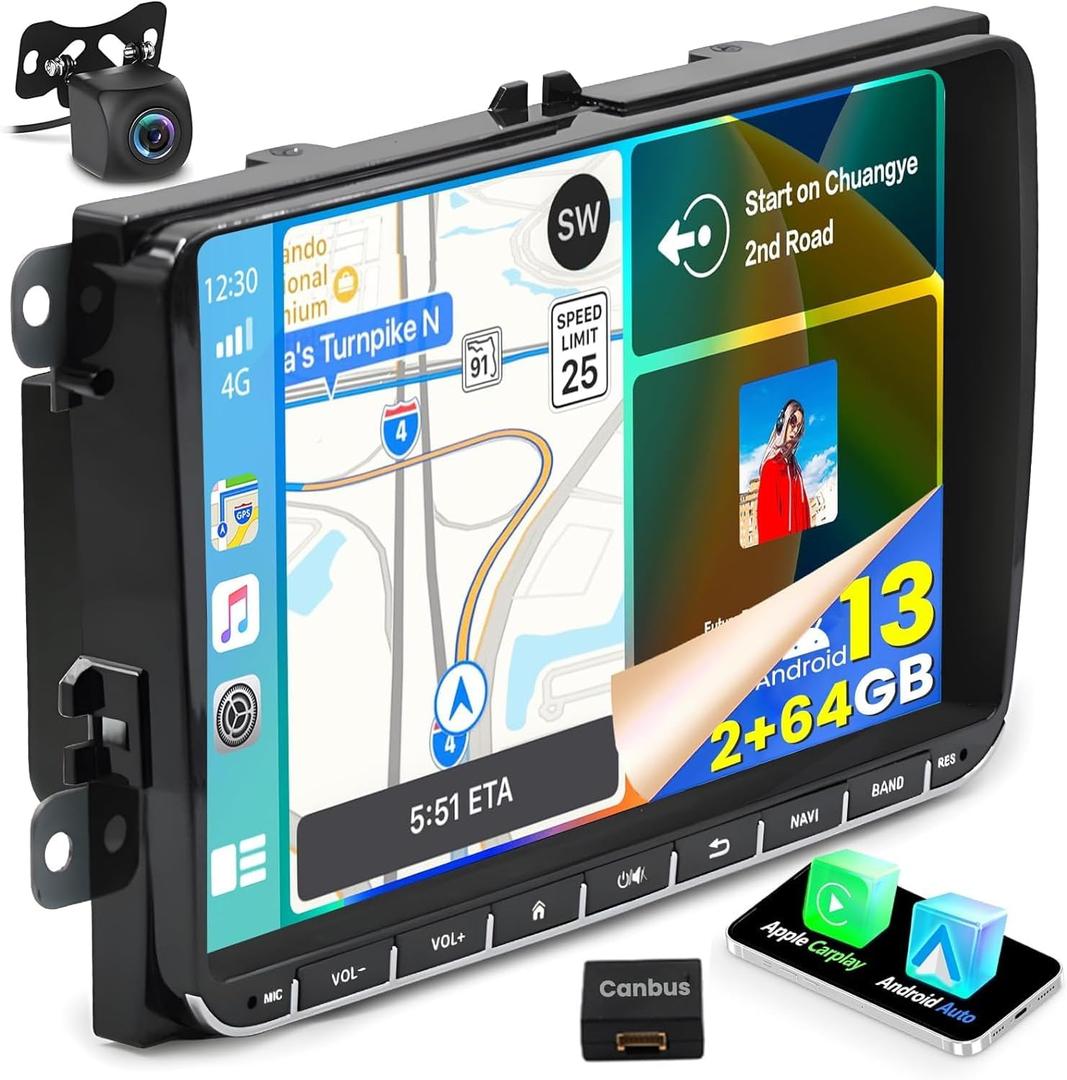 for VW Seat Passat Golf Tiguan Jetta Polo Skoda Android Car Stereo 2GB+64GB 9 Inch Touchscreen Radio with Carplay Android Auto GPS Navigation Backup Camera WiFi SWC RCA HiFi Microphone