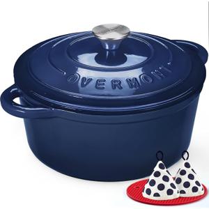 Overmont Enameled Cast Iron Dutch Oven - 5.5QT Pot with Lid Cookbook & Cotton Potholders - Heavy-Duty Cookware for Braising, Stews, Roasting, Sourdough Baking Indigo Blue